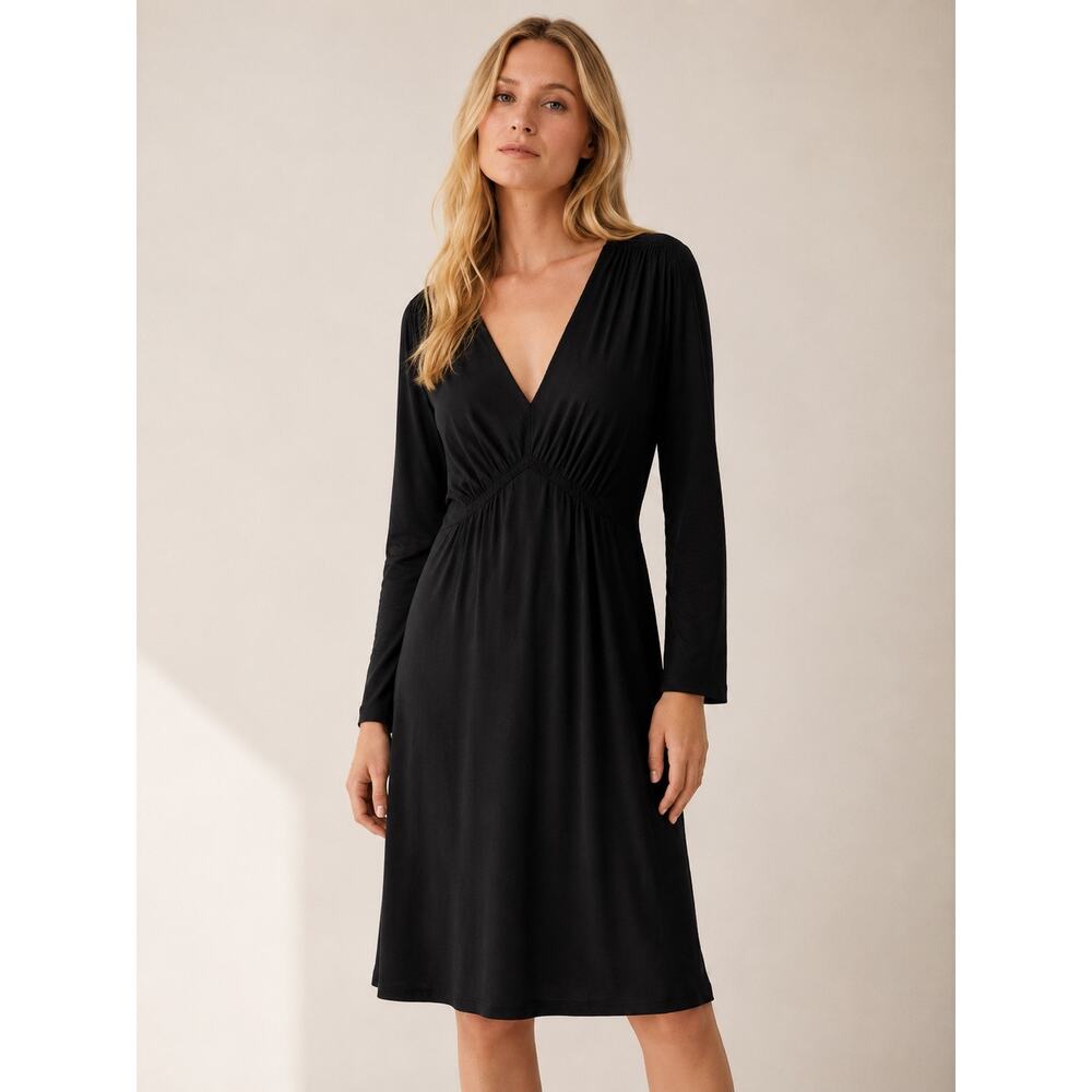 Boden Black Long Sleeve Dress Deep V-Neck Ruched Waist Midi Size 16 NWT
